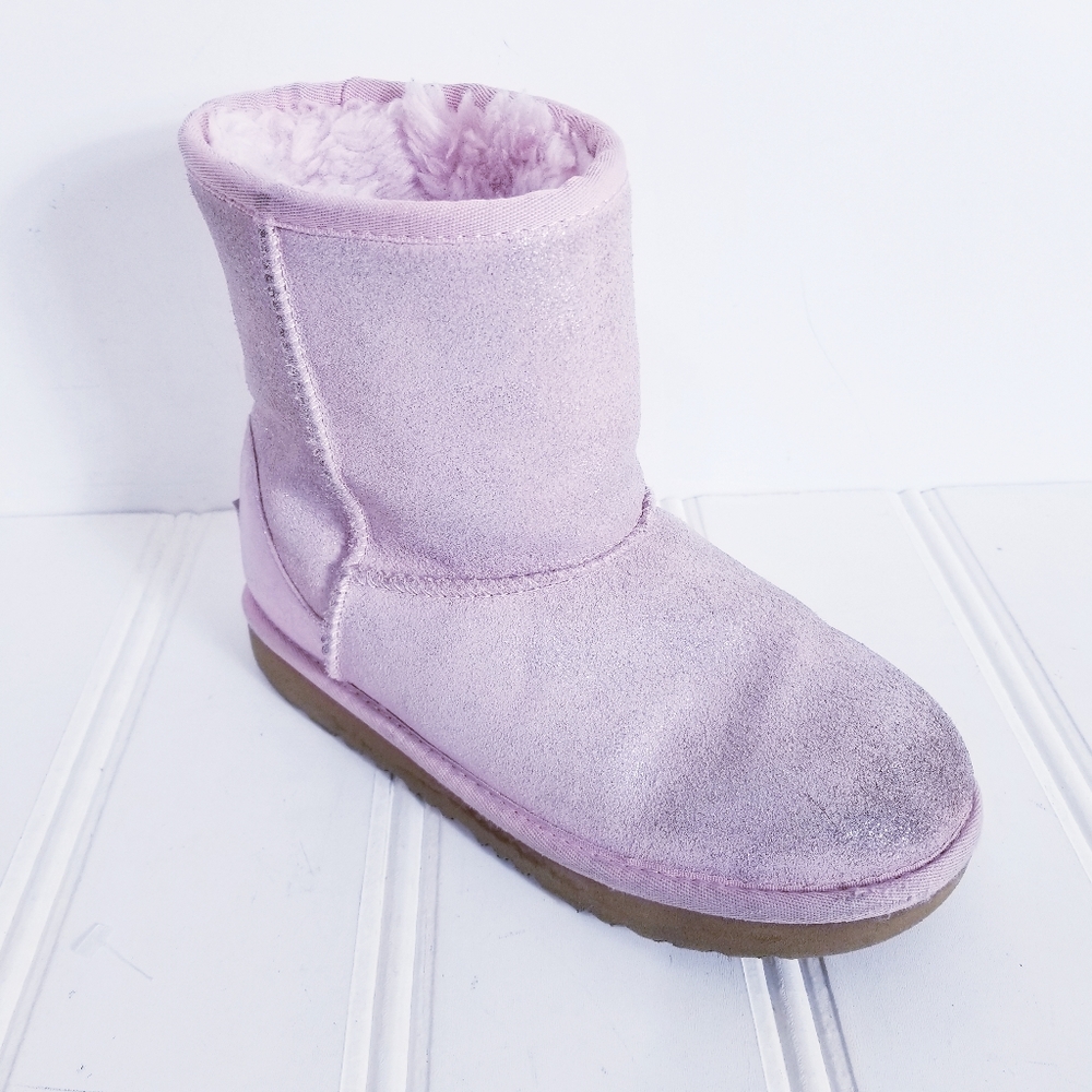 UGG Girls Pink Glitter Suede Classic Short Boots Size 3 Winter Warm Booties